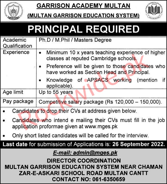 Garrison Academy Multan Jobs
